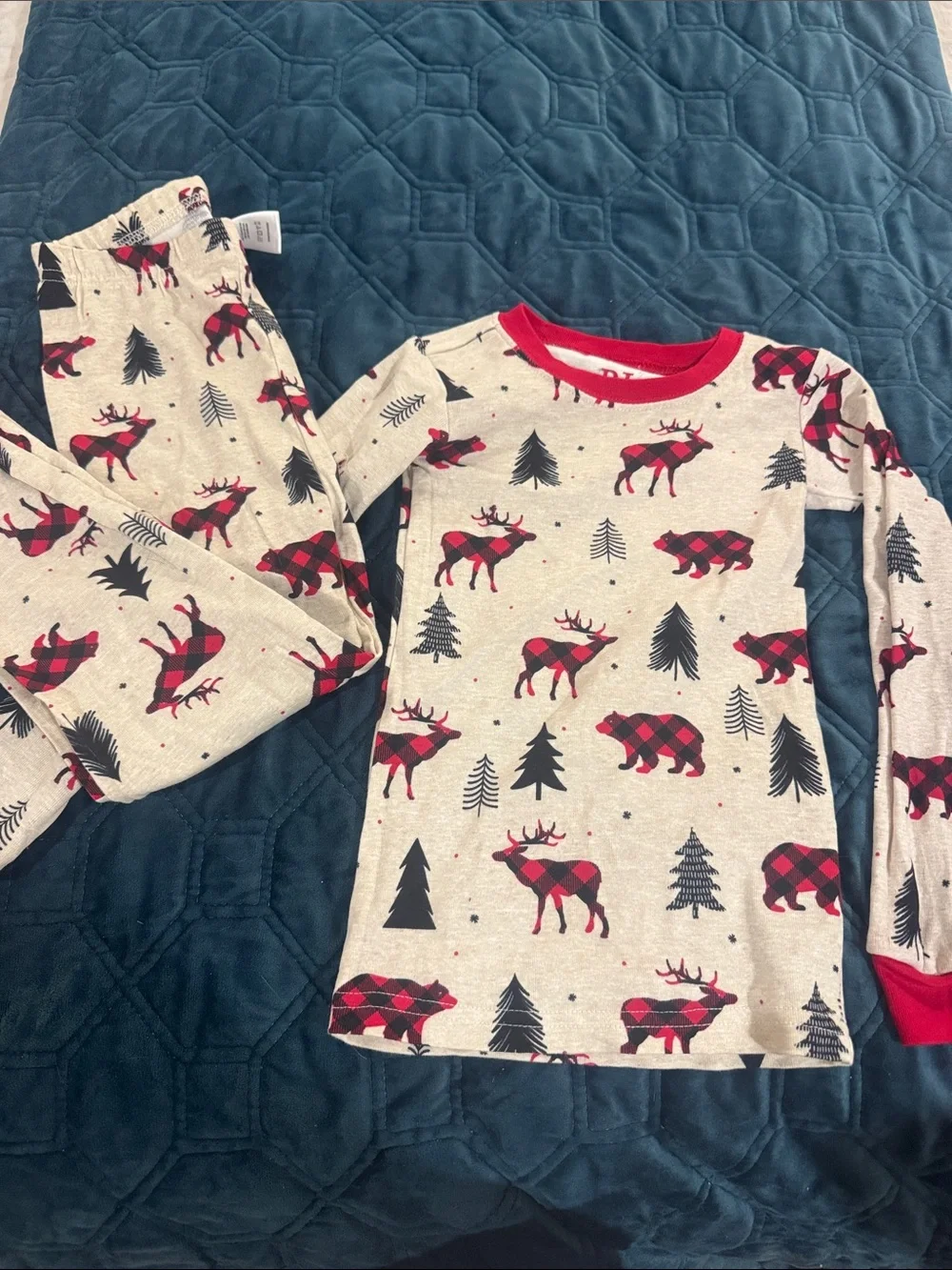 The Children's Place Cream Pajama Set with Red Plaid Moose & Bear